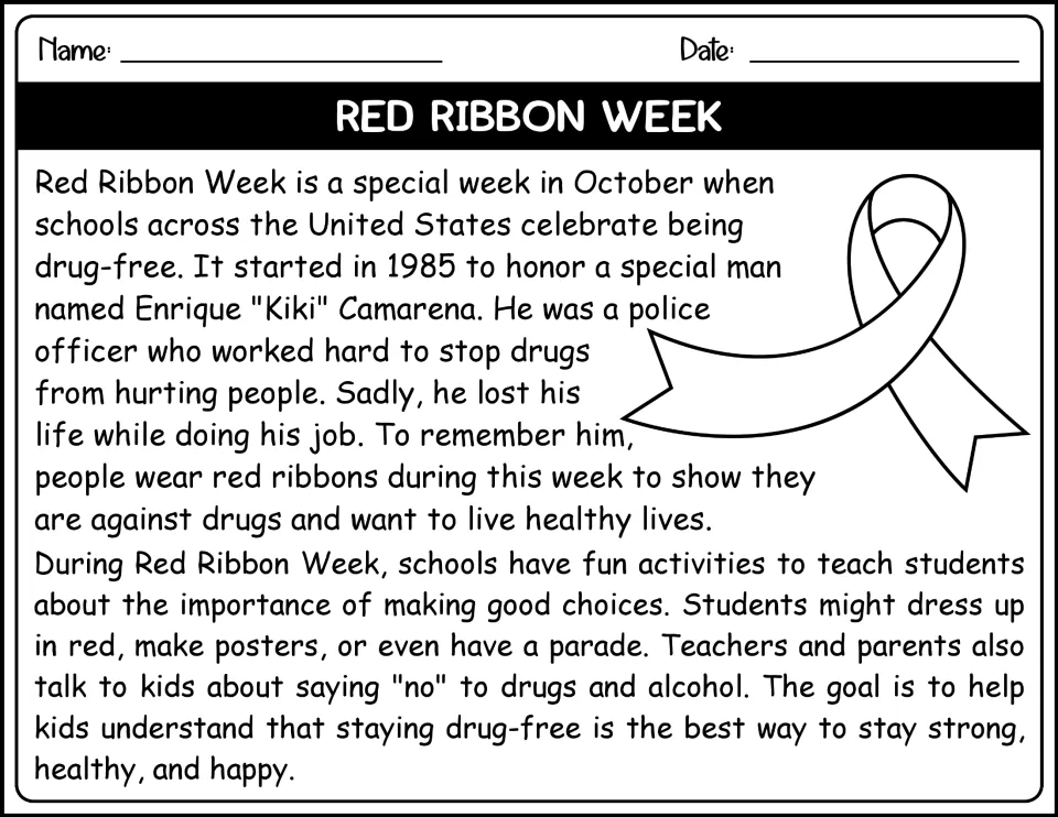 Black-and-white Red Ribbon Week passage: students read why people wear red ribbons and how schools mark the week