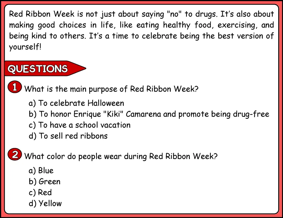 Passage ending on healthy choices, then multiple-choice questions on the week's purpose and the color people wear