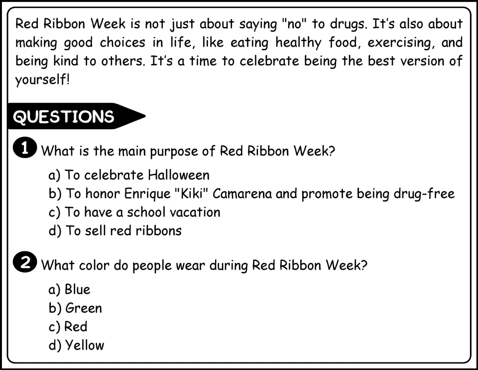 Black-and-white copy: final paragraph on good choices plus questions 1-2 asking the main purpose and the ribbon color