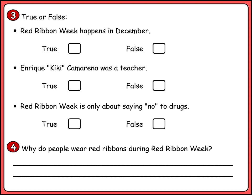 Comprehension check in color: three true-or-false statements and a short answer on why red ribbons are worn