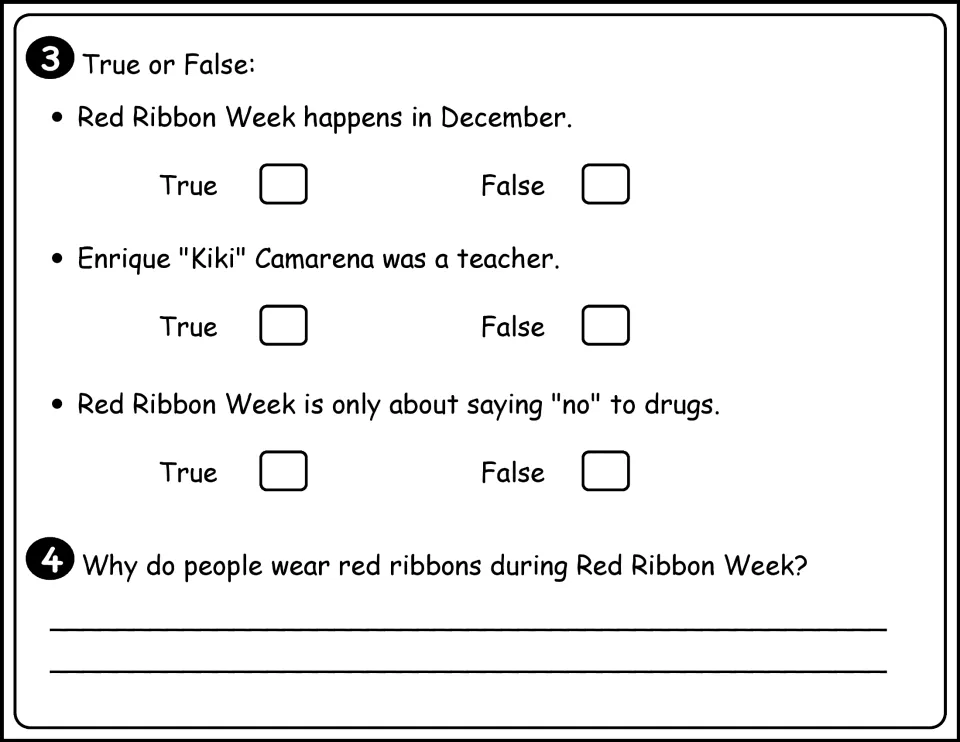 Black-and-white true-or-false items on December, Camarena's job and saying no, then a written answer about red ribbons
