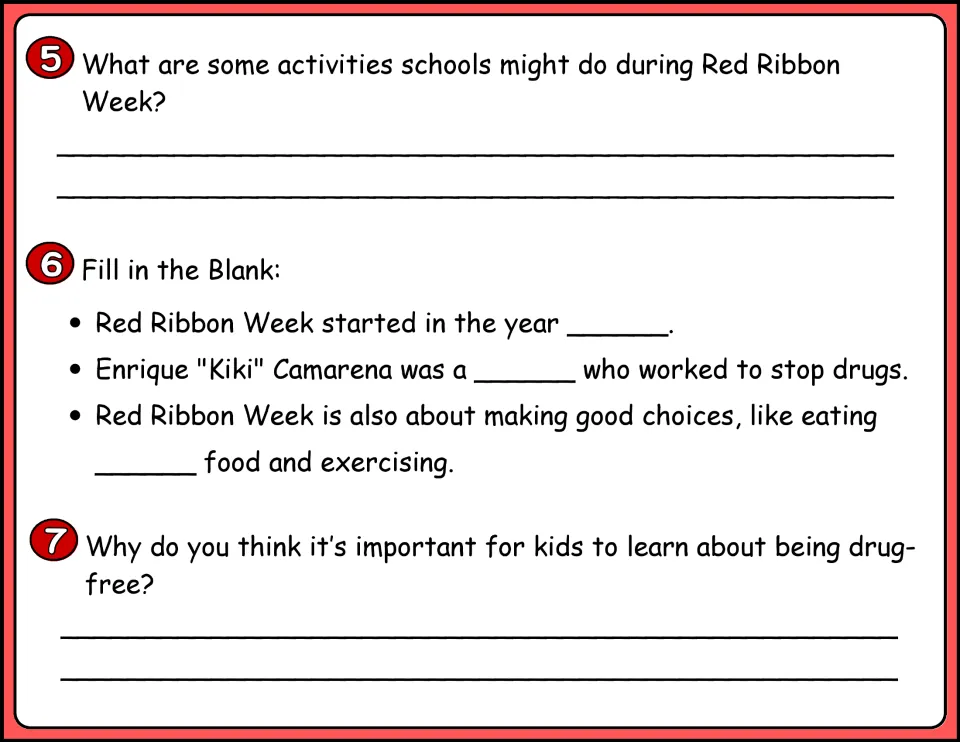 Color questions 5-7: school activities, fill-in-the-blank facts from the passage, and why being drug-free matters