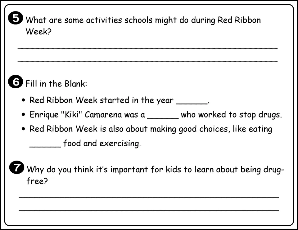 Black-and-white fill-in-the-blank sentences and short responses on school activities and learning about being drug-free