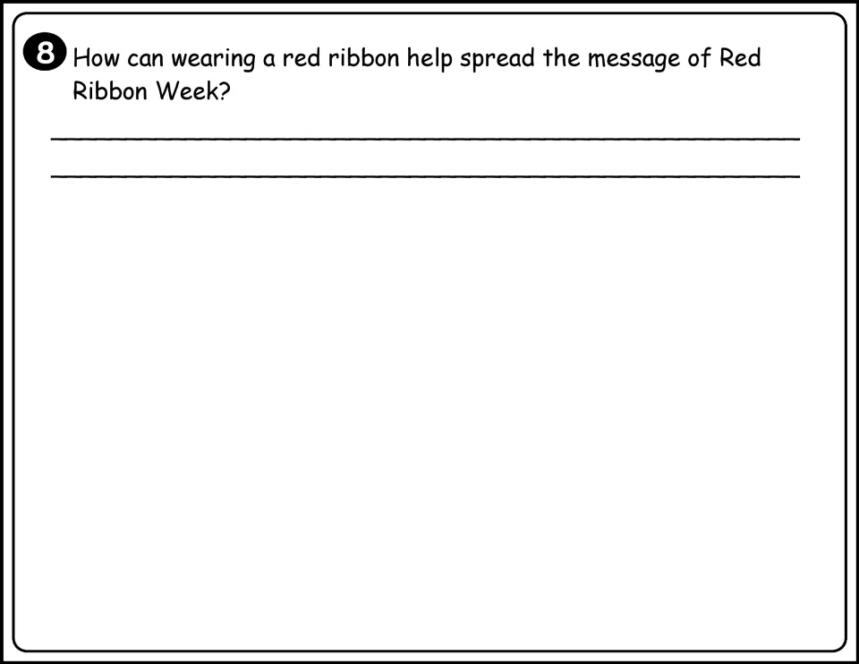 Black-and-white final question asking students to explain in writing how a red ribbon spreads the week's message