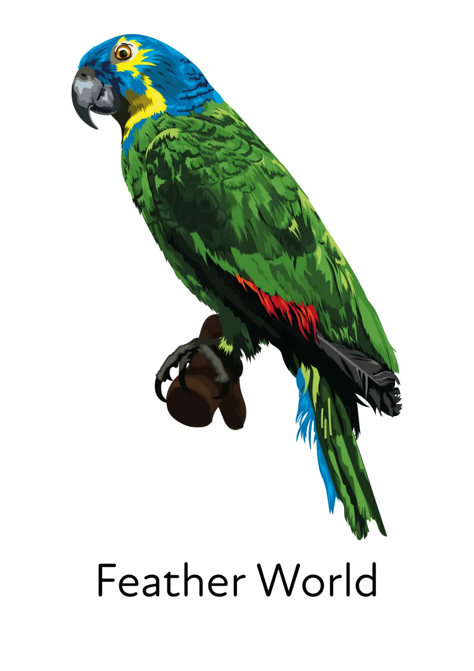 Story title page for Feather World showing a large green parrot with a blue and yellow head perched on a branch