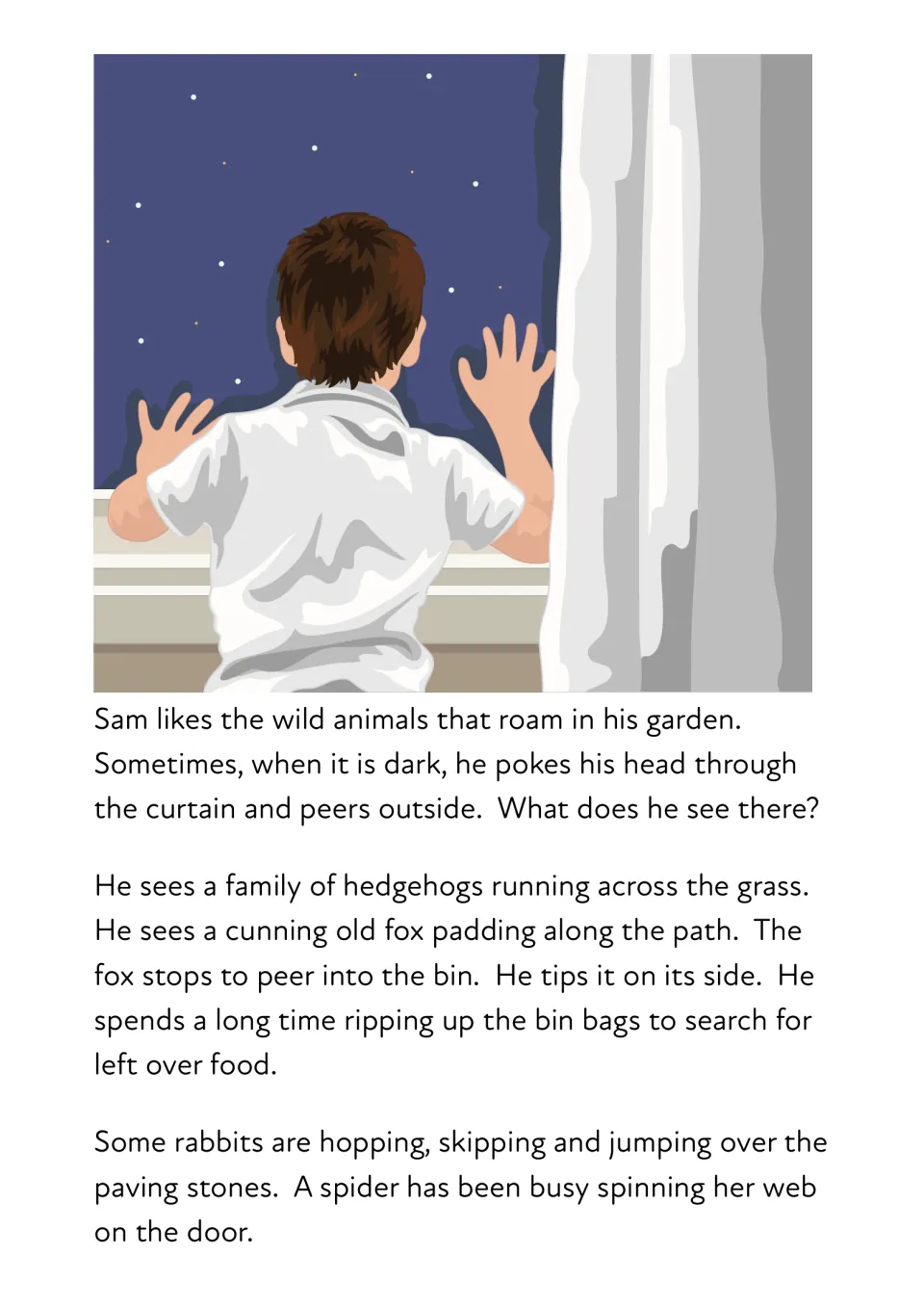 Sam peers out of his window at night at hedgehogs running, a fox ripping bin bags and rabbits hopping; -ing words to read