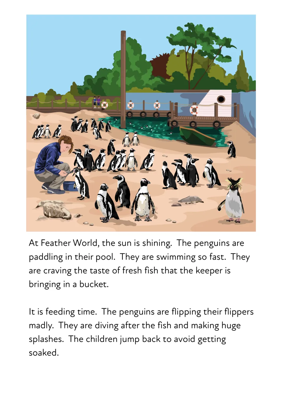 Penguin feeding time: a keeper feeds penguins by a pool as they paddle, swim and dive; read shining, flipping and diving