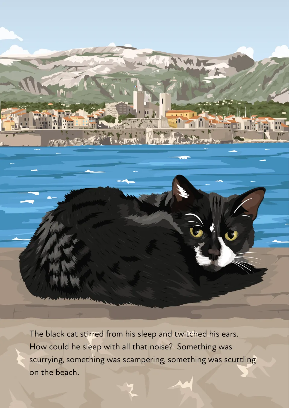 Opening story page: a black cat wakes beside the sea, hearing scurrying, scampering, and scuttling on the beach