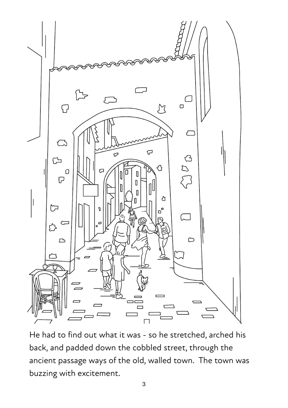 Story page 3: the cat stretches and walks through an old walled town, illustrated with a street scene to color