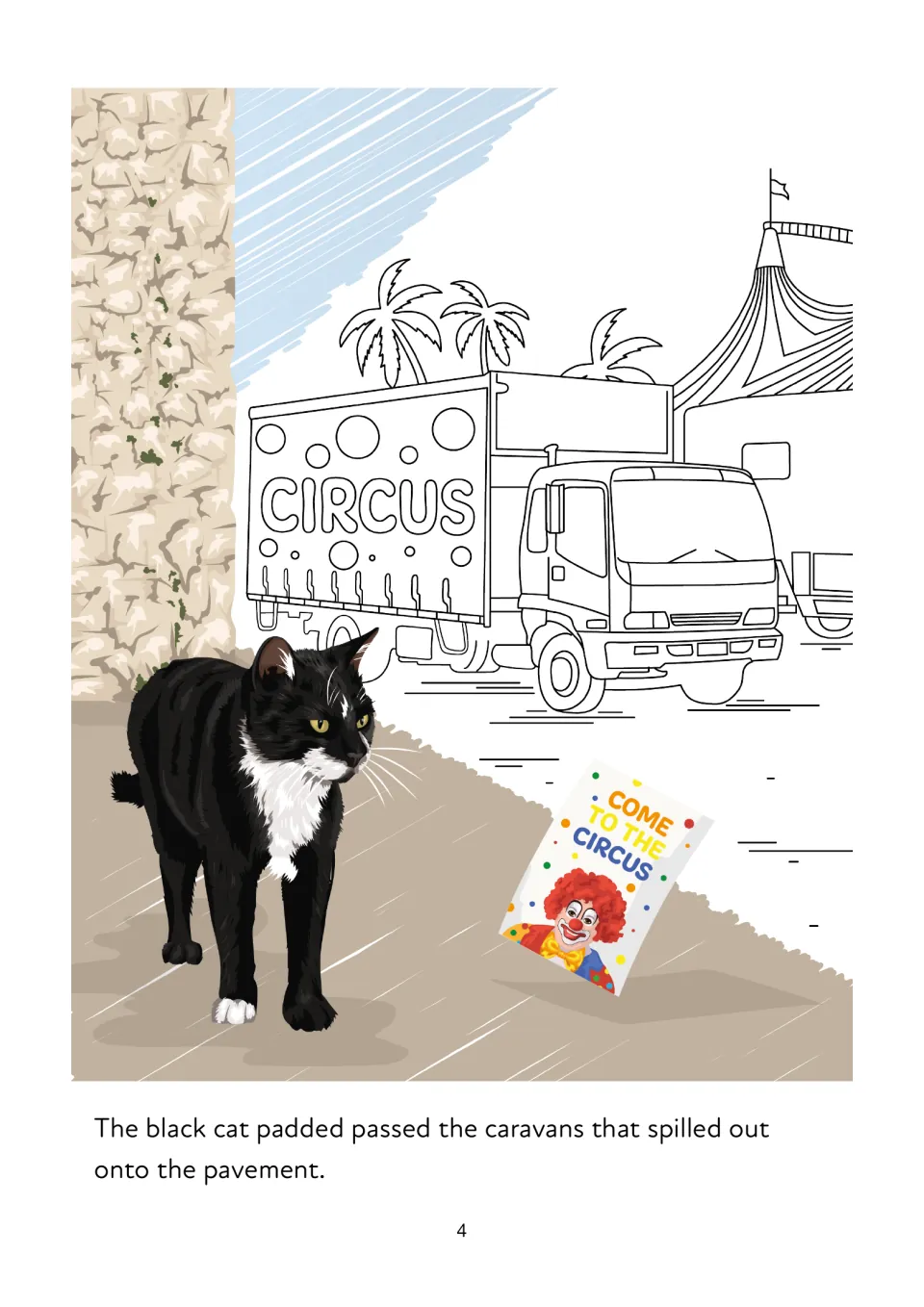 Story page 4: the black cat passes circus caravans beside a truck and a poster saying 'Come to the Circus'