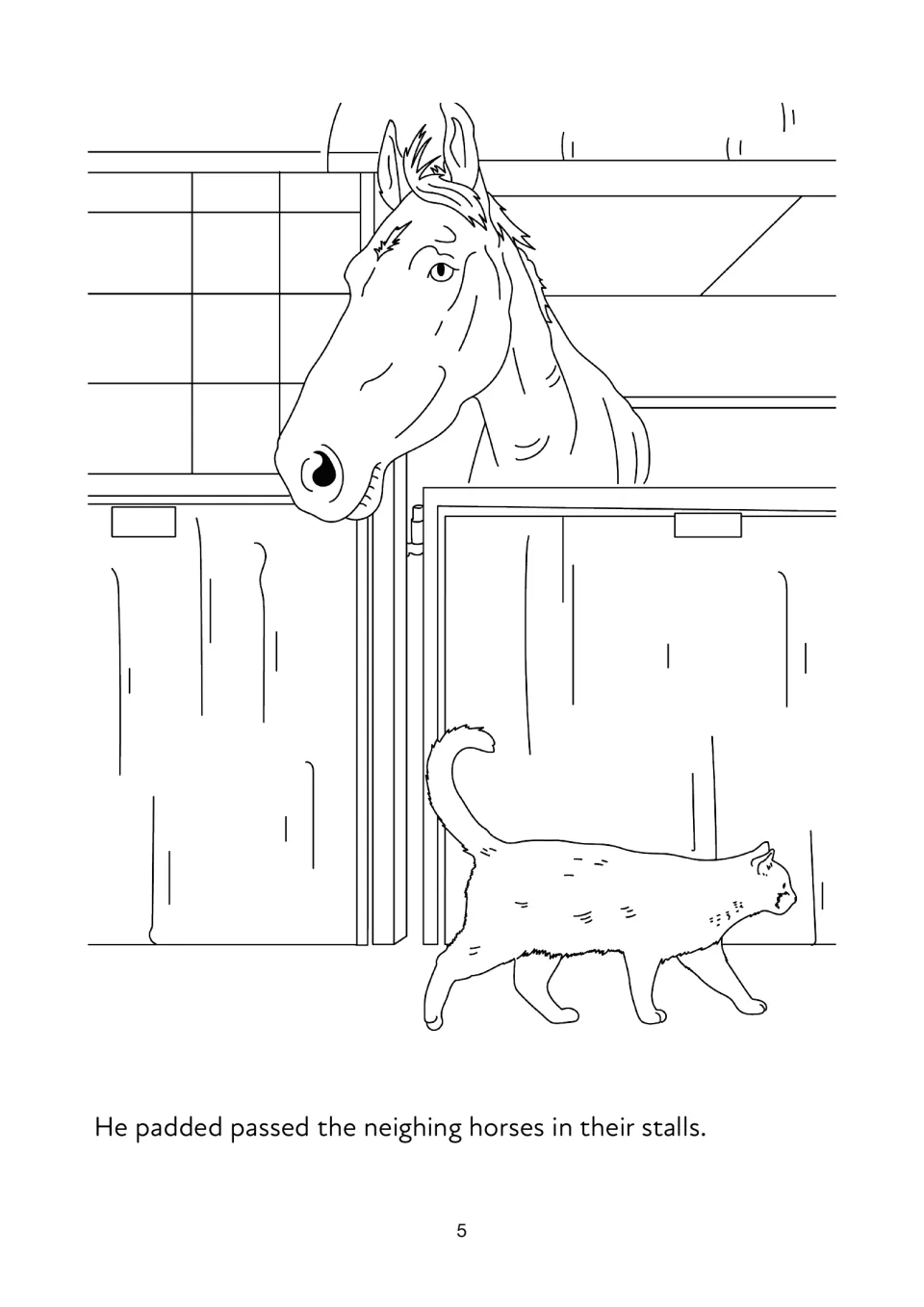 Story page 5: the cat passes neighing horses in their stalls, with a horse and cat illustration to color