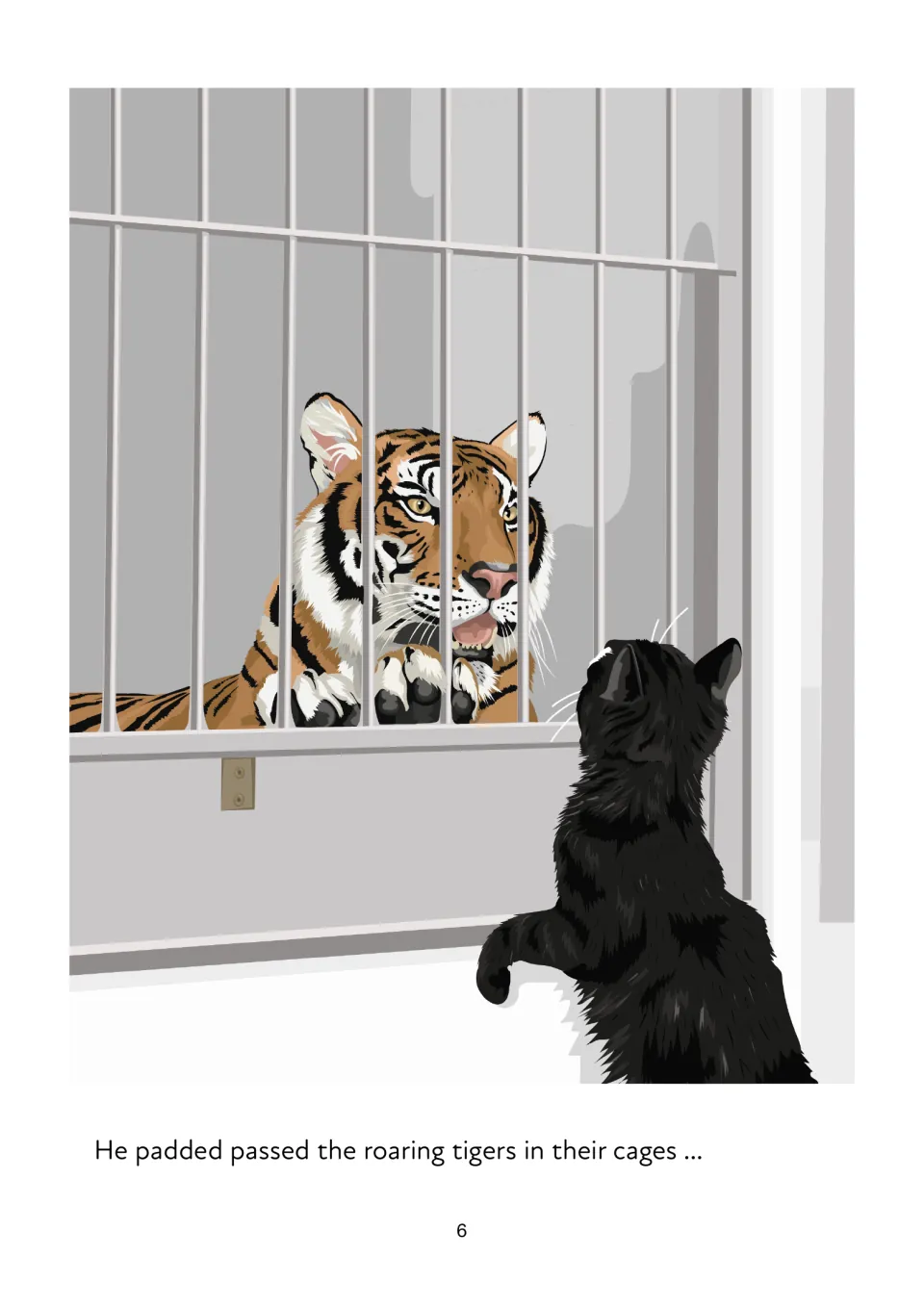 Story page 6: the black cat passes roaring tigers in their cages, illustrated by a tiger facing the cat