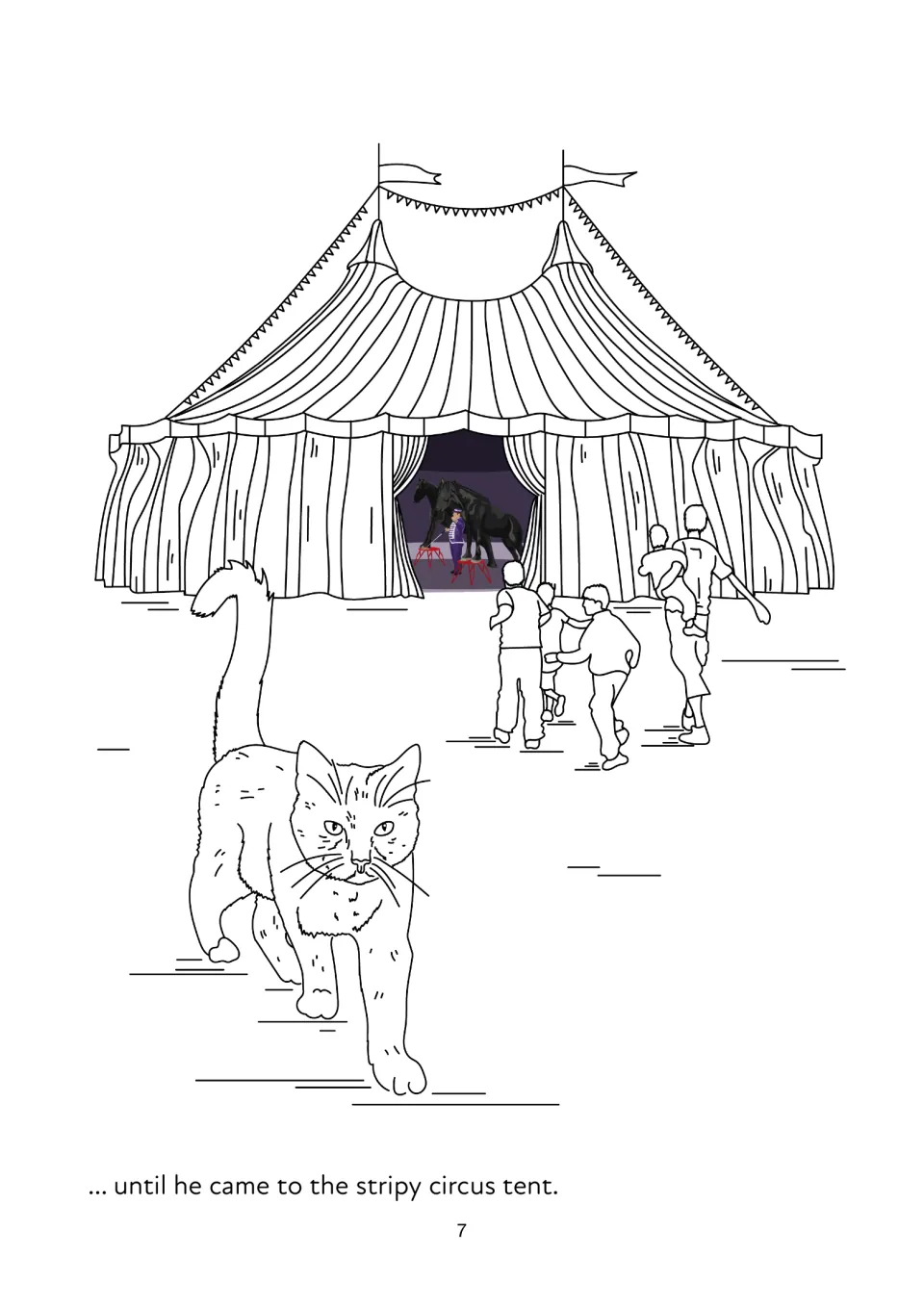 Story page 7: the cat reaches the striped circus tent, with a scene to color showing people entering it