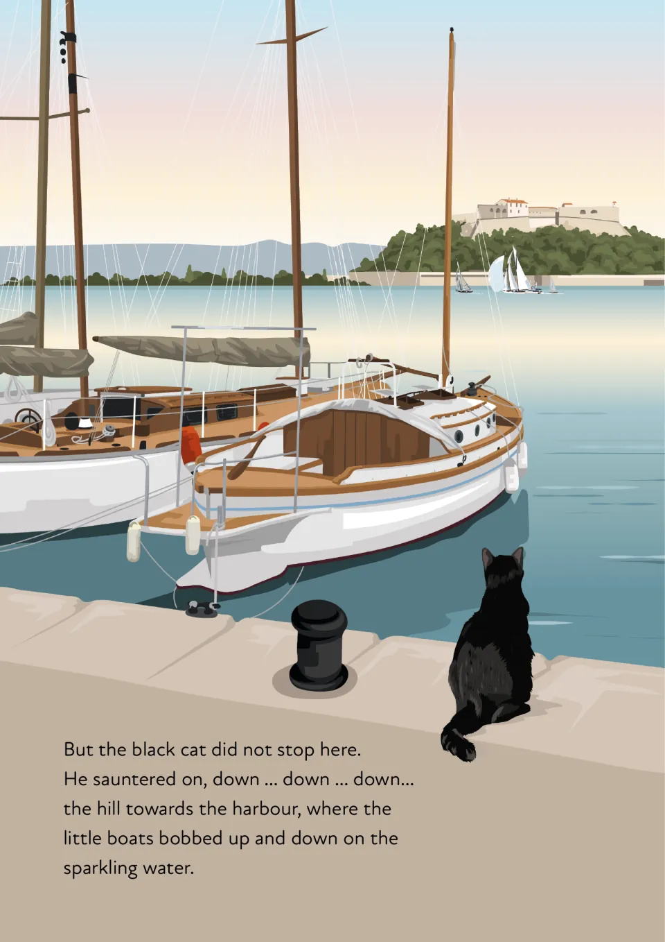 Story page 8: the black cat continues down the hill toward the harbor, where boats bob on sparkling water
