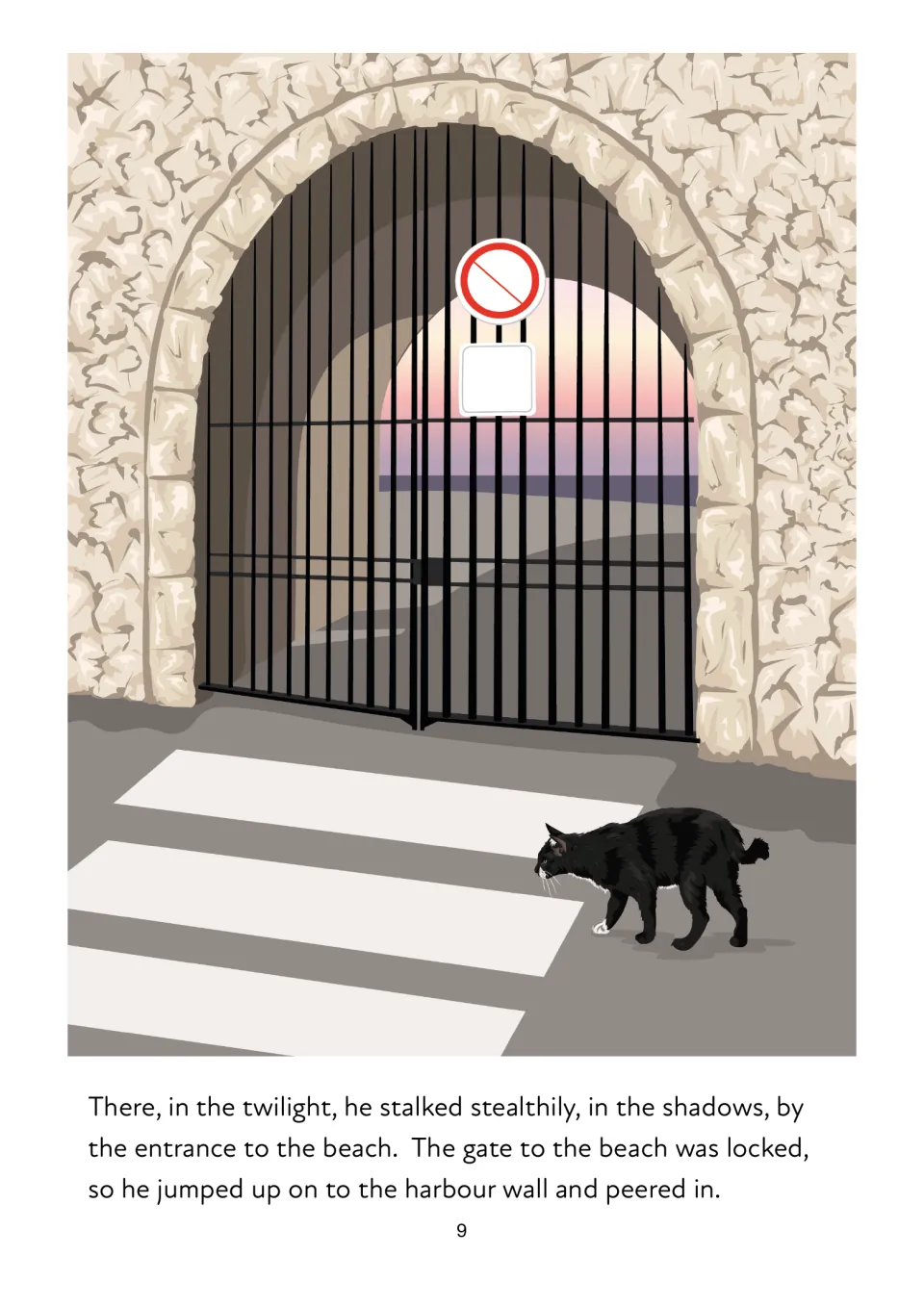Story page 9: the cat finds the beach gate locked at twilight and jumps onto the harbor wall to peer in