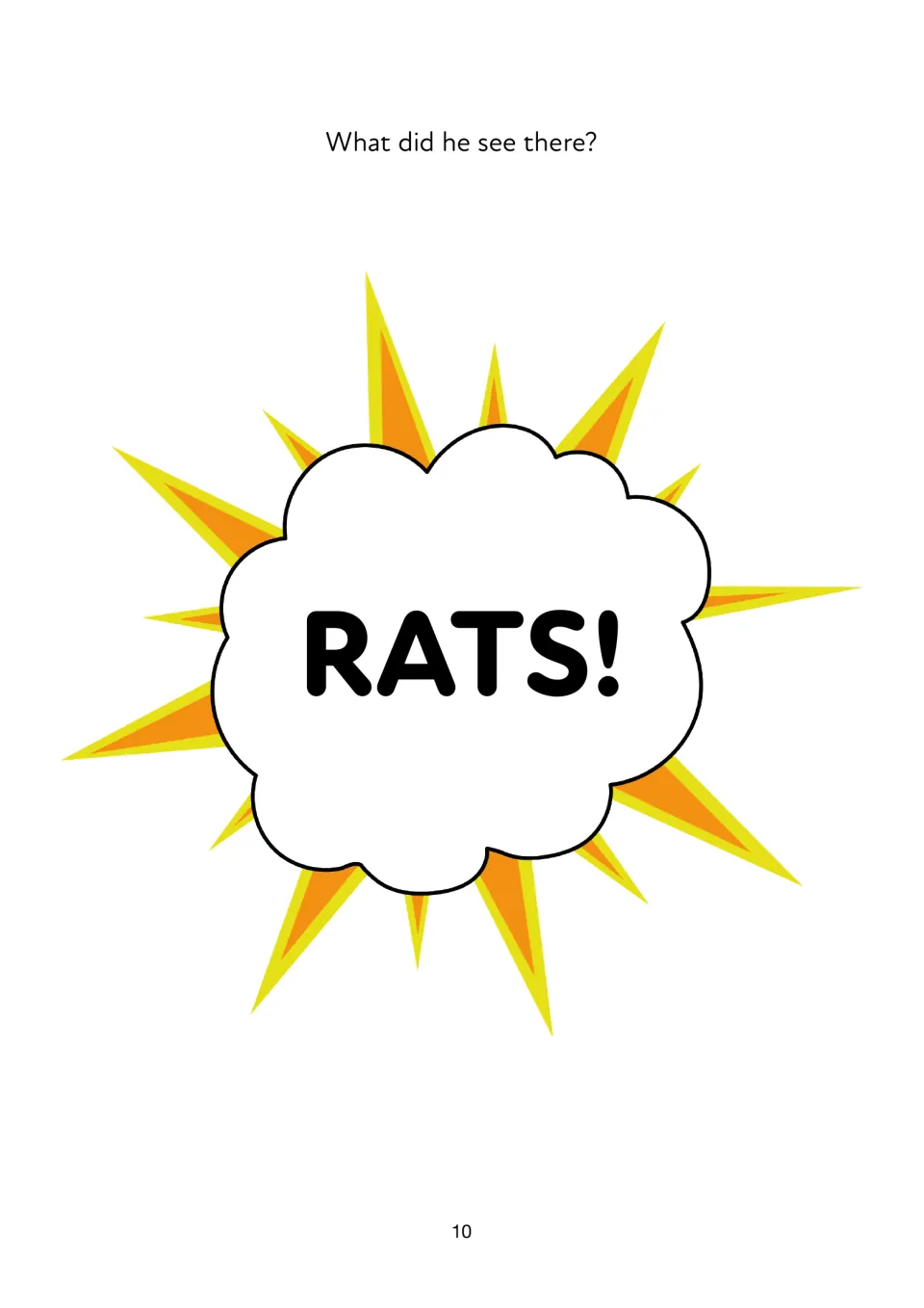 Story page 10: 'What did he see there?' leads to the reveal 'RATS!' as the cat looks into the beach area
