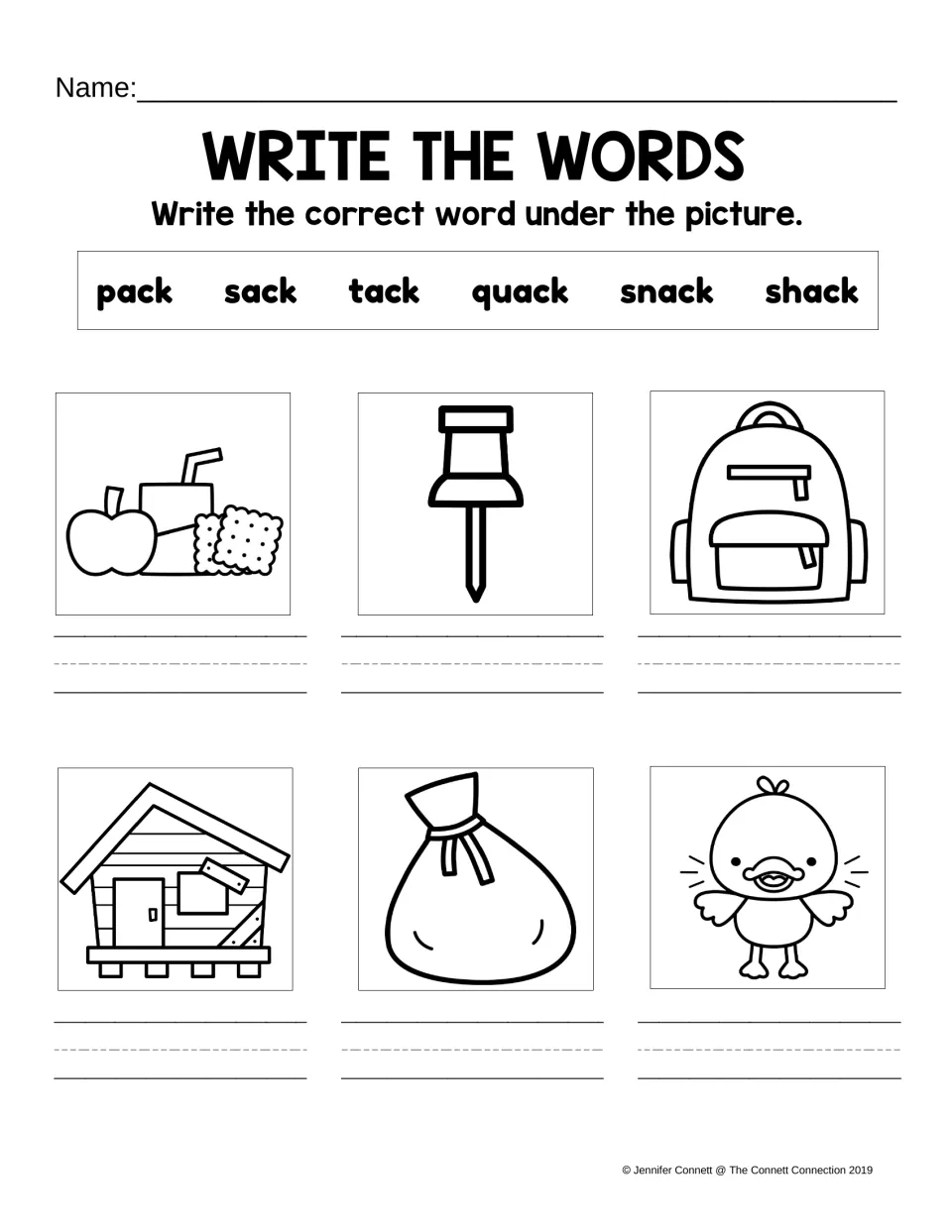 ACK word-writing practice uses six pictures and a word bank: pack, sack, tack, quack, snack, and shack.