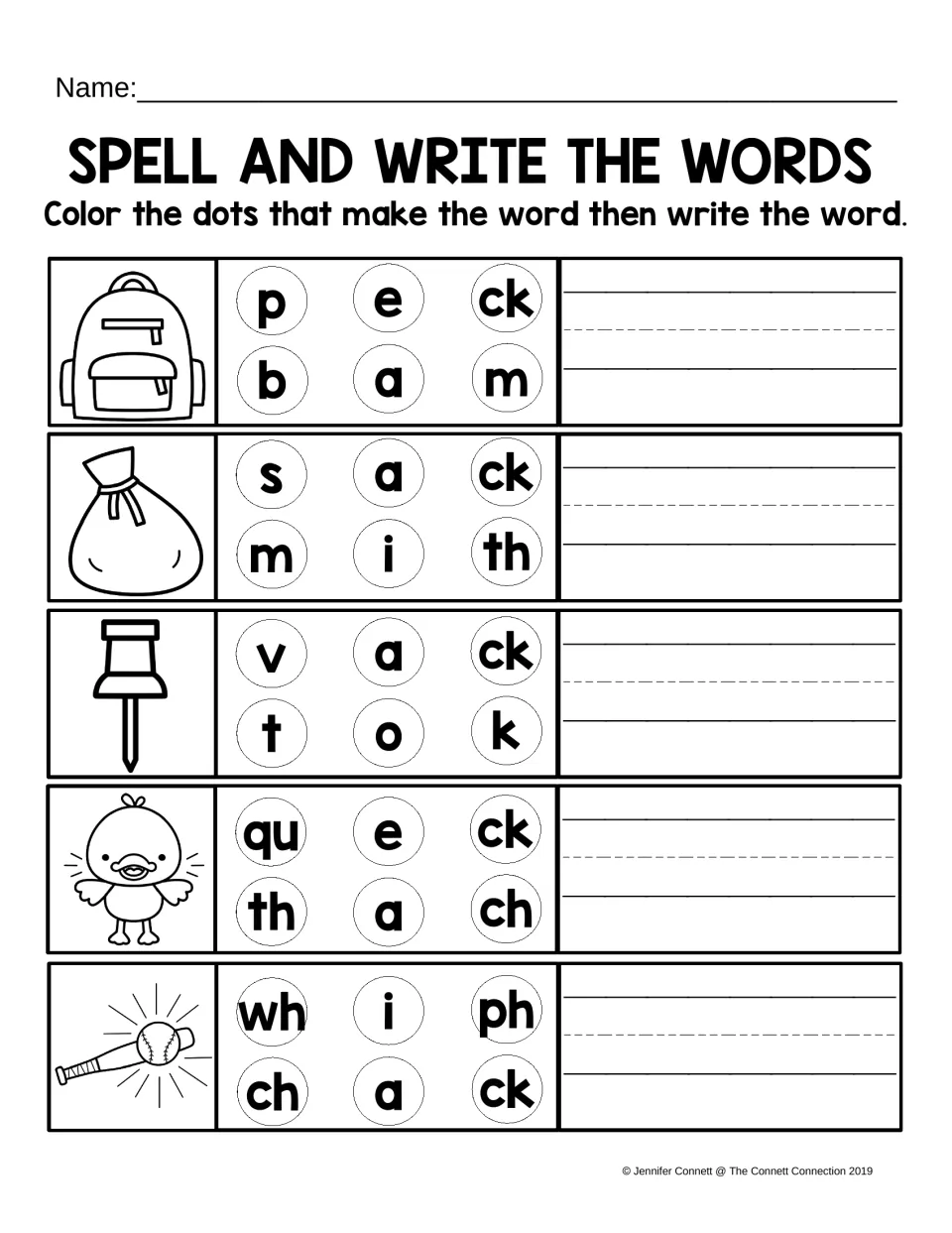 ACK spelling practice asks students to color letter choices and write pack, sack, tack, quack, and whack.
