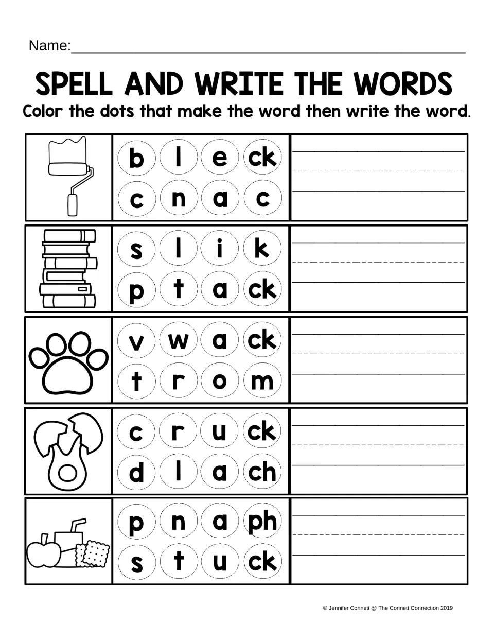 ACK spelling practice uses picture clues and letter choices to build black, stack, track, crack, and snack.