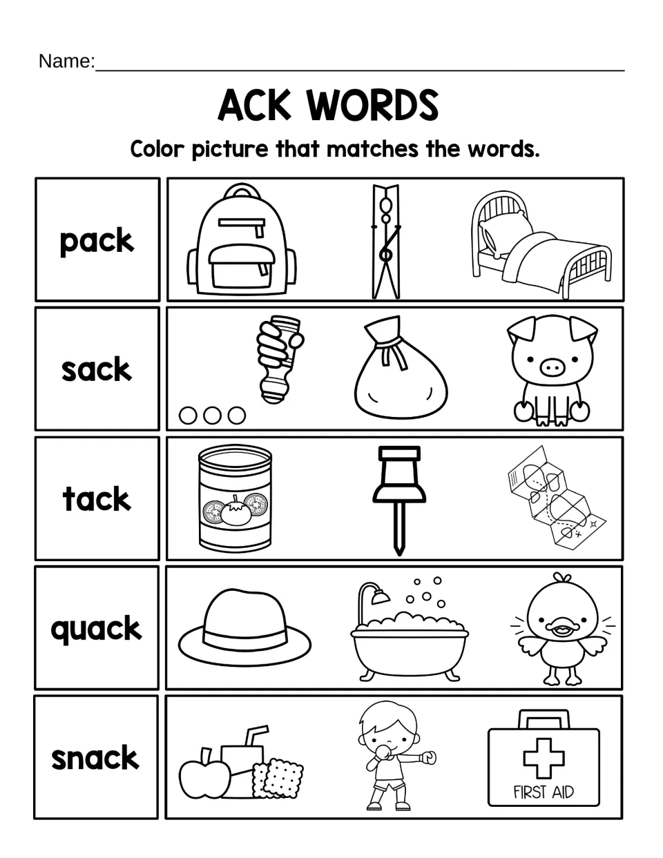 ACK word-to-picture matching asks students to color the pictures for pack, sack, tack, quack, and snack.
