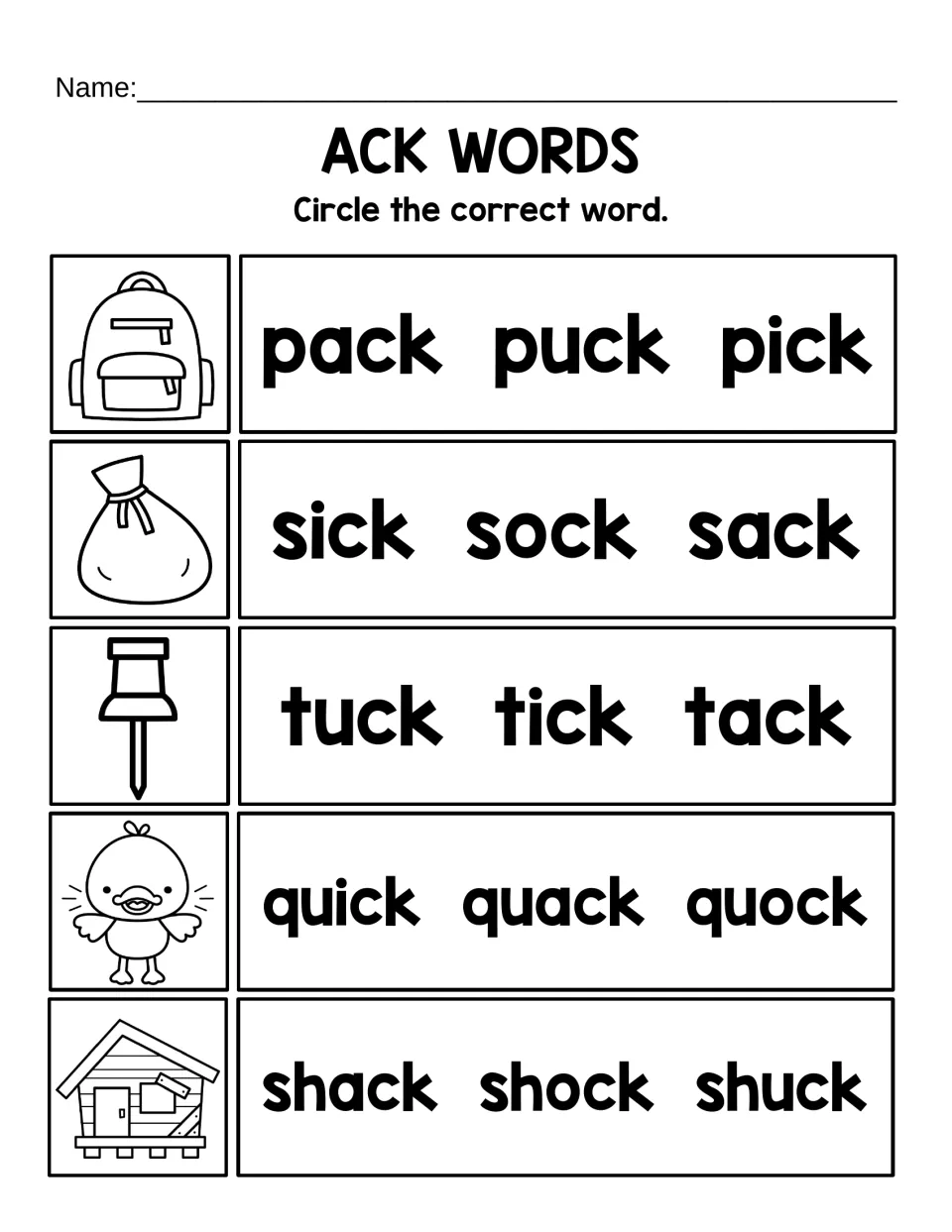 ACK word recognition asks students to circle pack, sack, tack, quack, and shack among similar spellings.