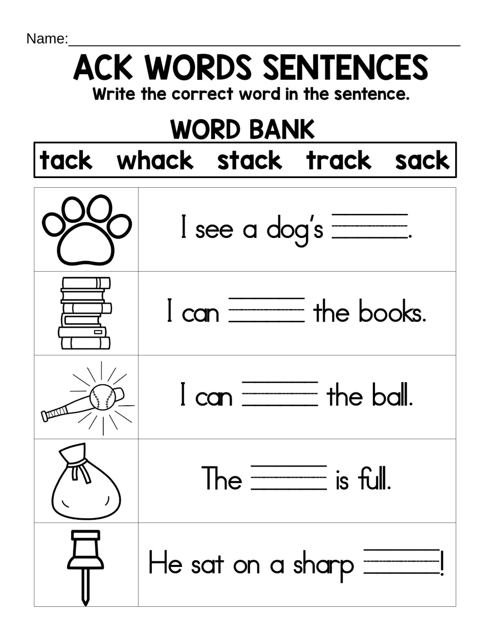 ACK sentence completion pairs five picture clues with a word bank containing tack, whack, stack, track, and sack.
