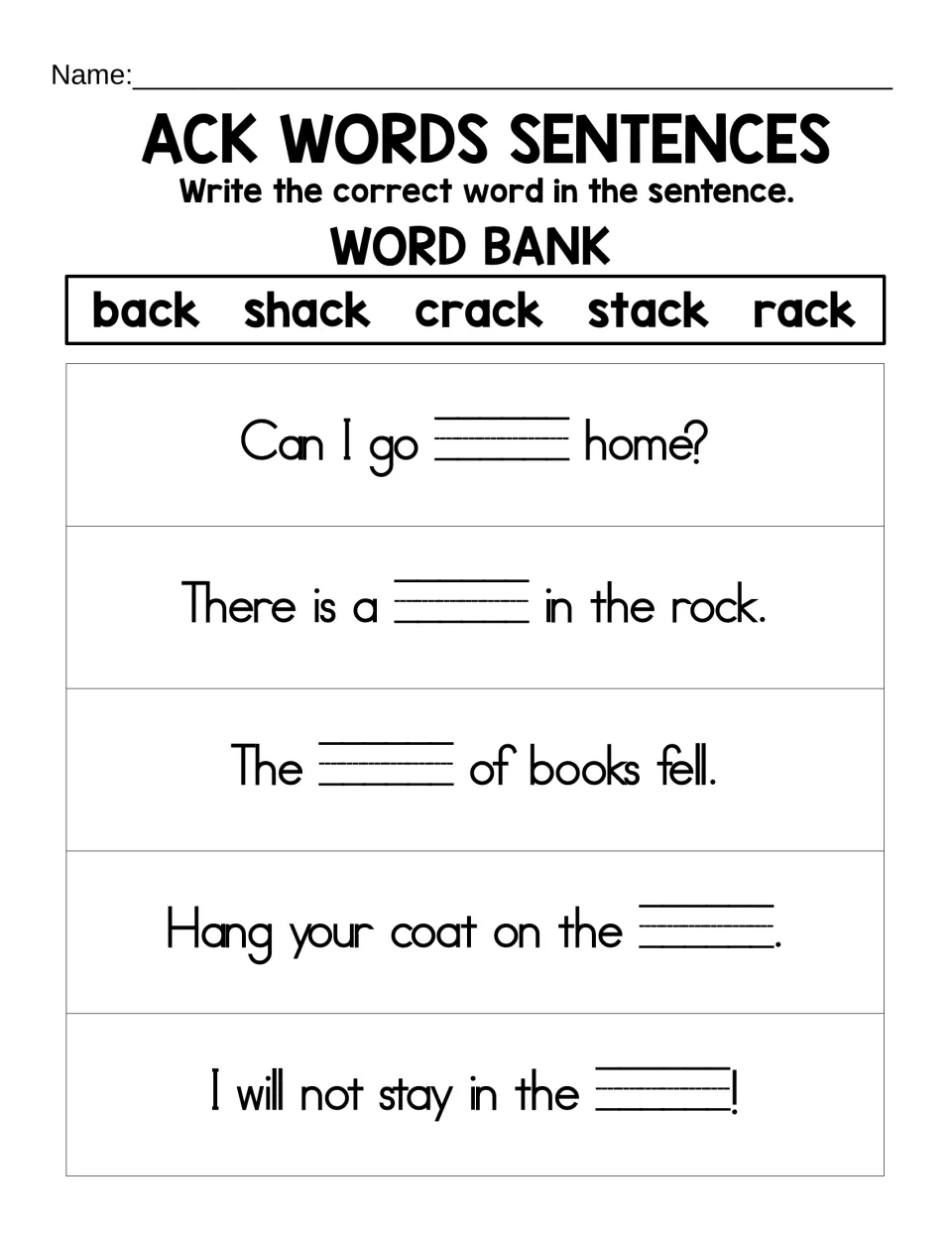 ACK sentence completion uses back, shack, crack, stack, and rack for sentences about home, rocks, books, and more.