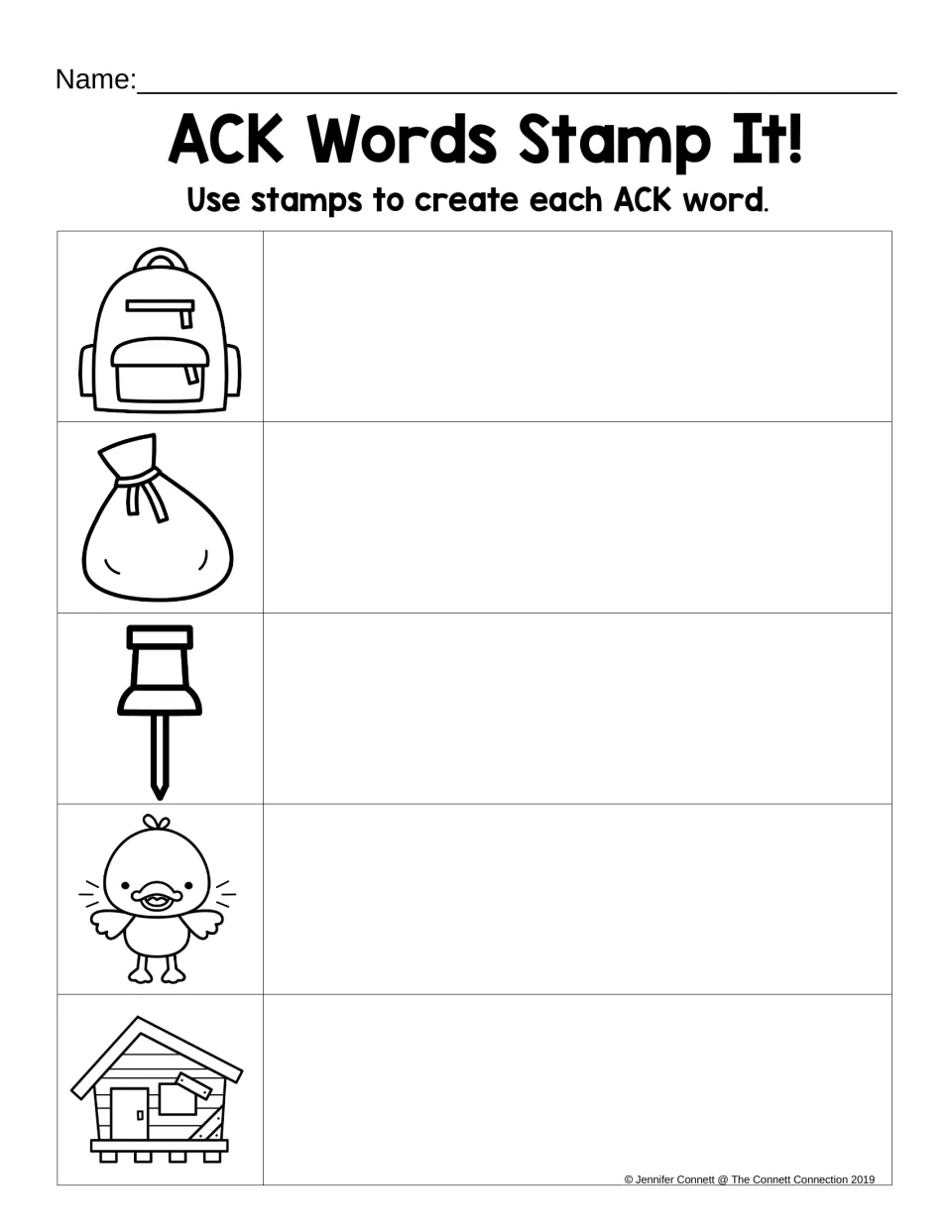 ACK word-stamping activity asks students to use stamps to spell pack, sack, tack, quack, and shack from pictures.
