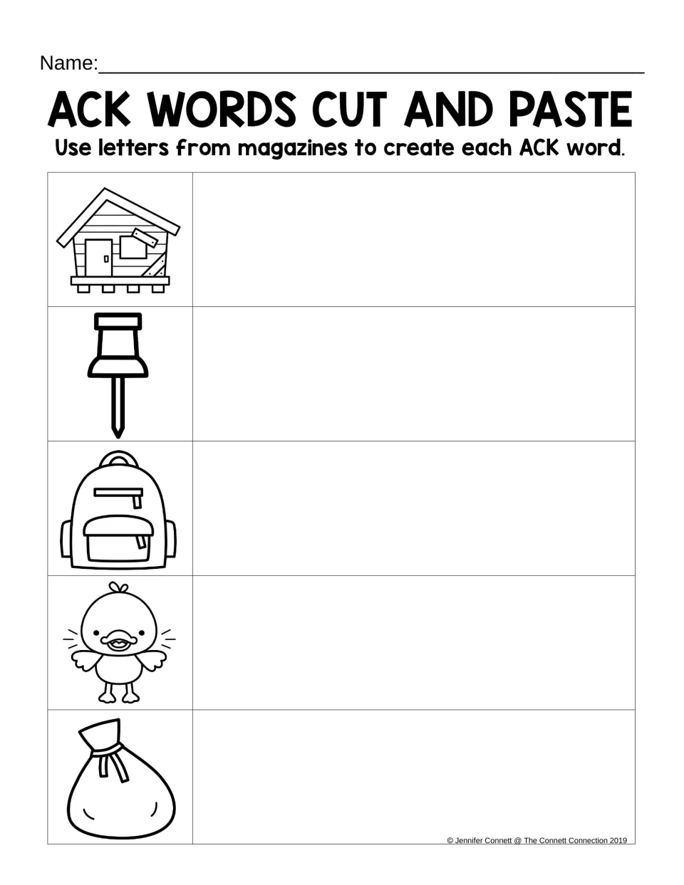 ACK cut-and-paste activity asks students to use magazine letters to spell shack, tack, pack, quack, and sack.