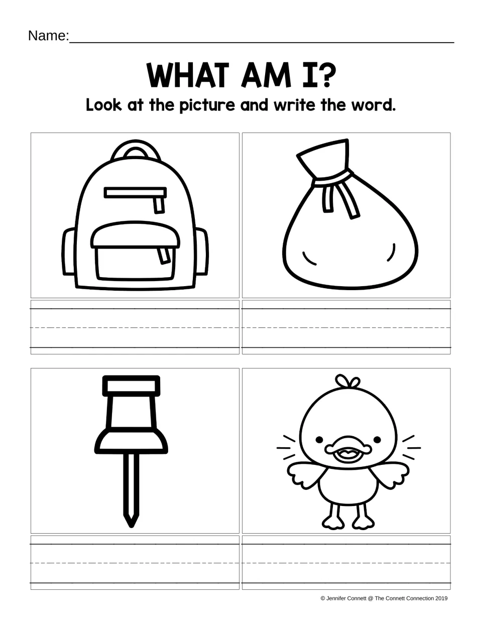 ACK picture-naming practice asks students to write pack, sack, tack, and quack from four pictures without a word bank.