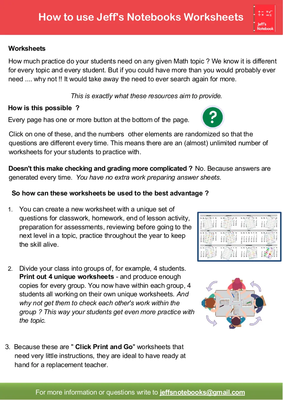 How to use Jeff's Notebooks worksheets: randomizing buttons, auto-generated answers and ideas for groups and substitutes