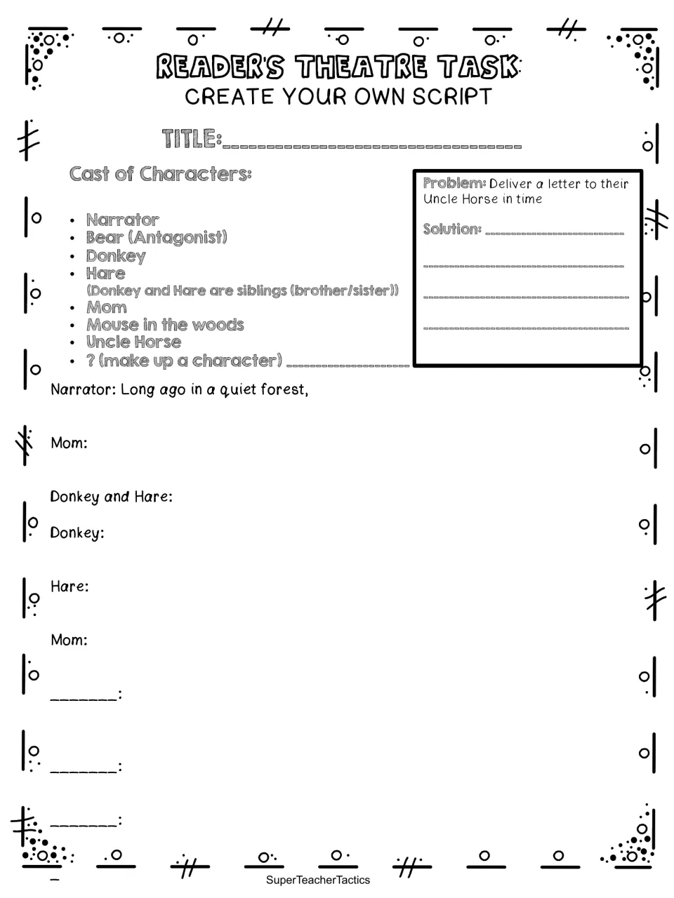 Script writing: students get a cast list and the problem of delivering a letter to Uncle Horse, then write the solution
