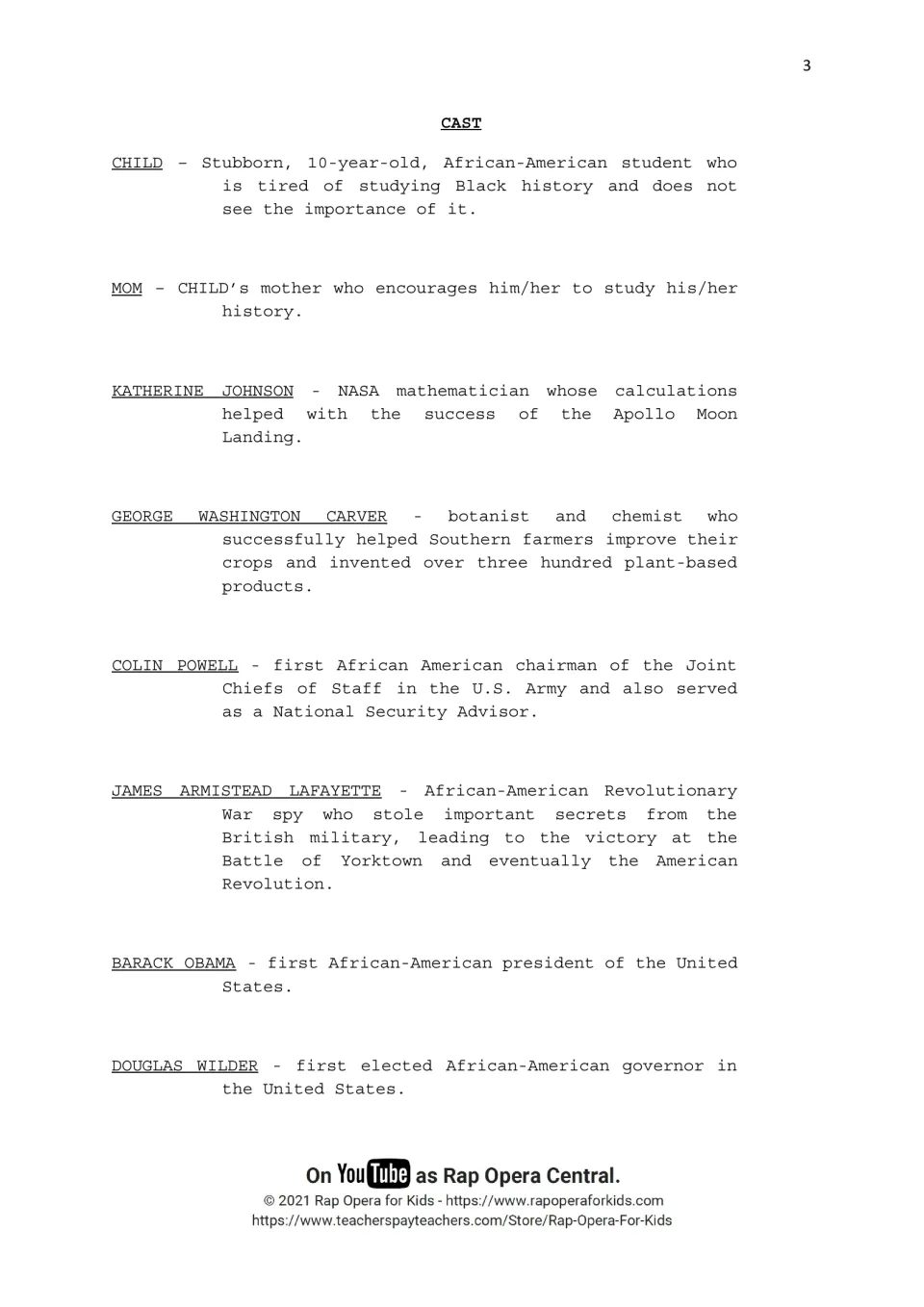 First cast page describes Child, Mom, Katherine Johnson, George Washington Carver, and four more roles