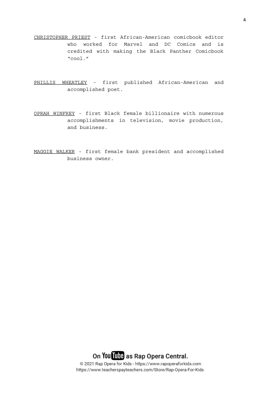 Second cast page describes the roles of Christopher Priest, Phillis Wheatley, Oprah Winfrey, and Maggie Walker