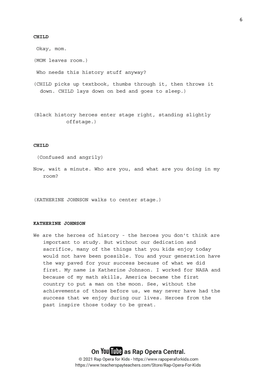 Script continues as Child falls asleep, history heroes enter, and Katherine Johnson explains her NASA work