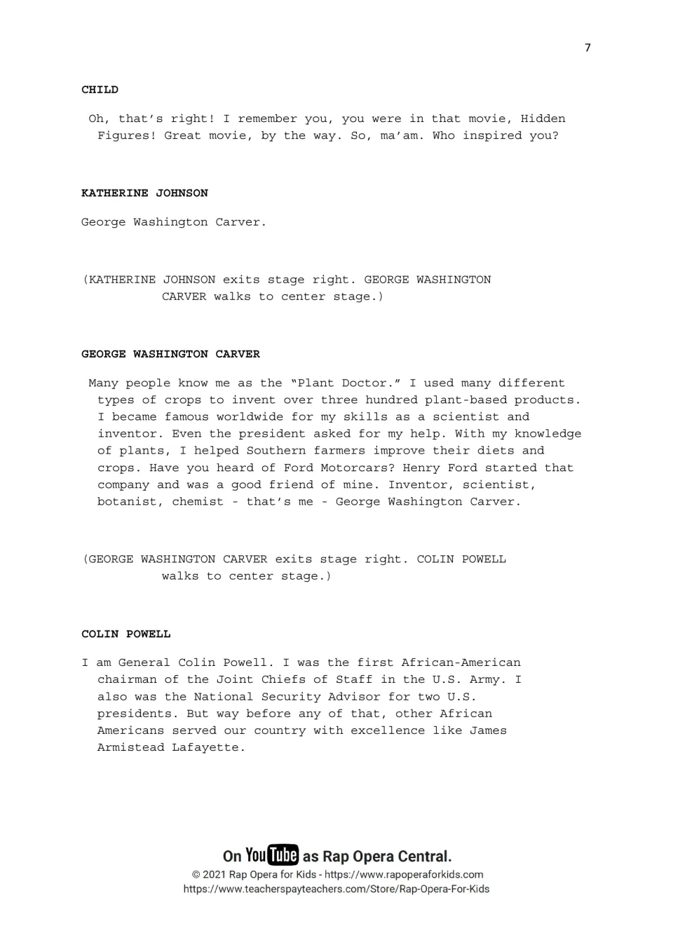 Script introduces George Washington Carver's plant research and Colin Powell's military and advisory roles