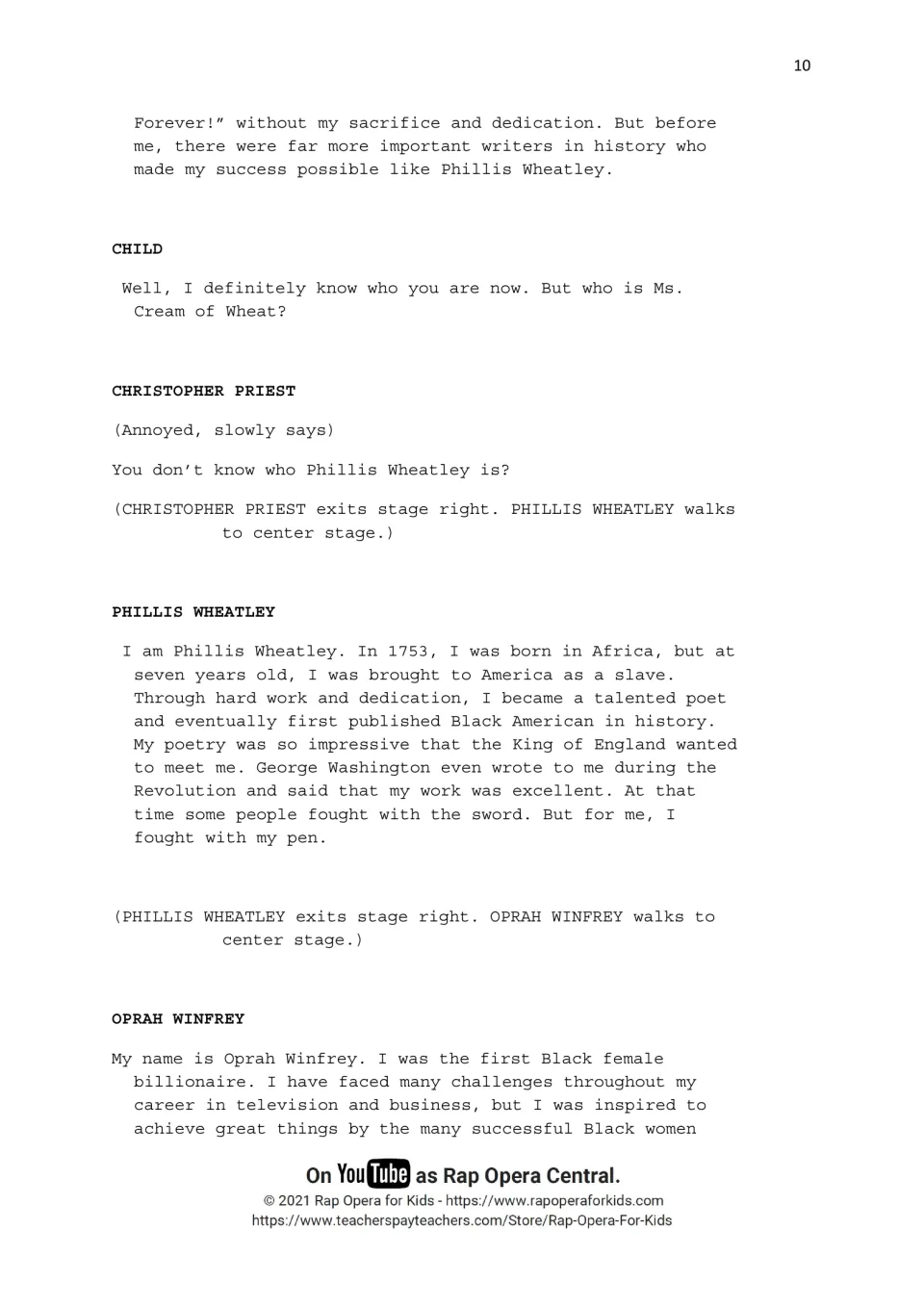 Script continues Priest's speech, introduces Phillis Wheatley's poetry, and begins Oprah Winfrey's story