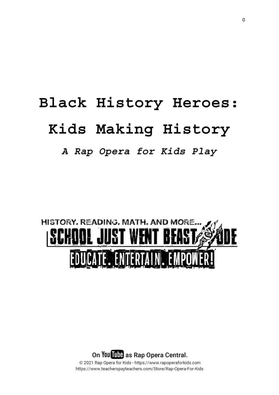 Black History Heroes: Kids Making History cover, labeled A Rap Opera for Kids Play, with a Rap Opera Central YouTube note