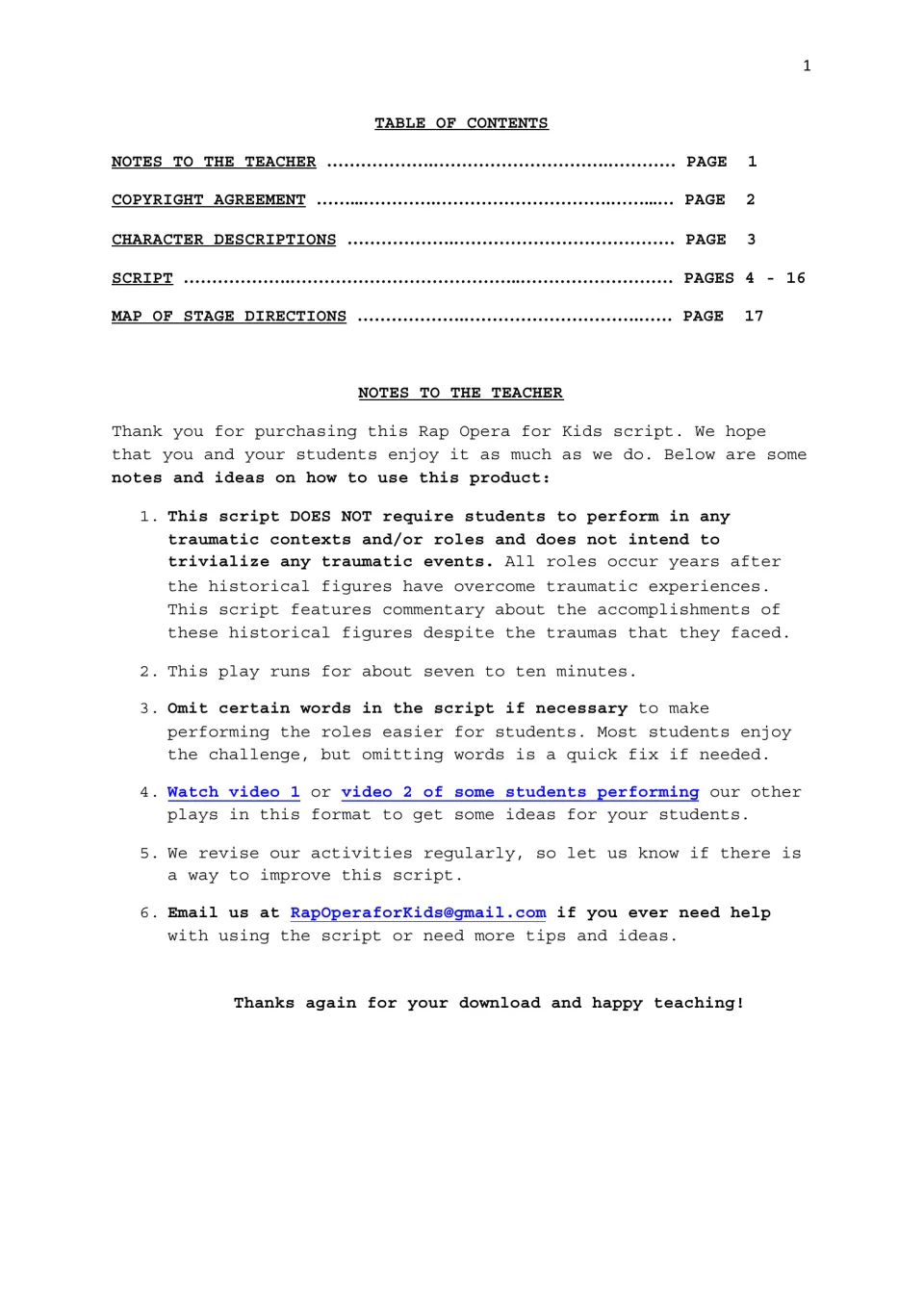Table of contents and teacher notes: play runs seven to ten minutes, words may be omitted, and no traumatic roles