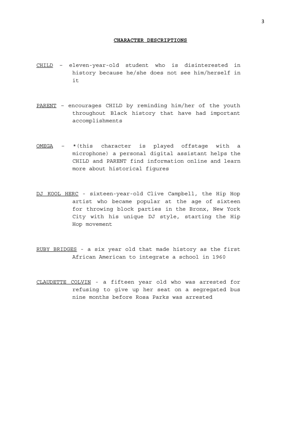 Character descriptions for six roles: Child, Parent, Omega offstage, DJ Kool Herc, Ruby Bridges and Claudette Colvin