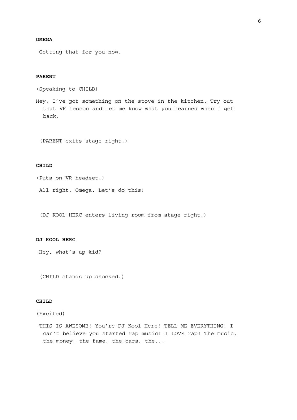 Script scene: Parent leaves, Child puts on a VR headset, and DJ Kool Herc enters as Child gushes about rap fame