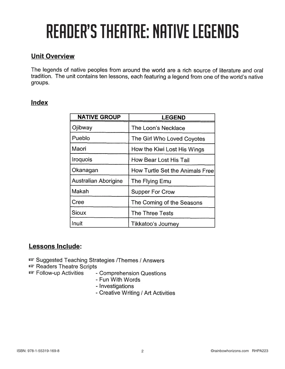 Unit overview and index of the ten legends, from Ojibway 'The Loon's Necklace' to Inuit 'Tikkatoo's Journey'