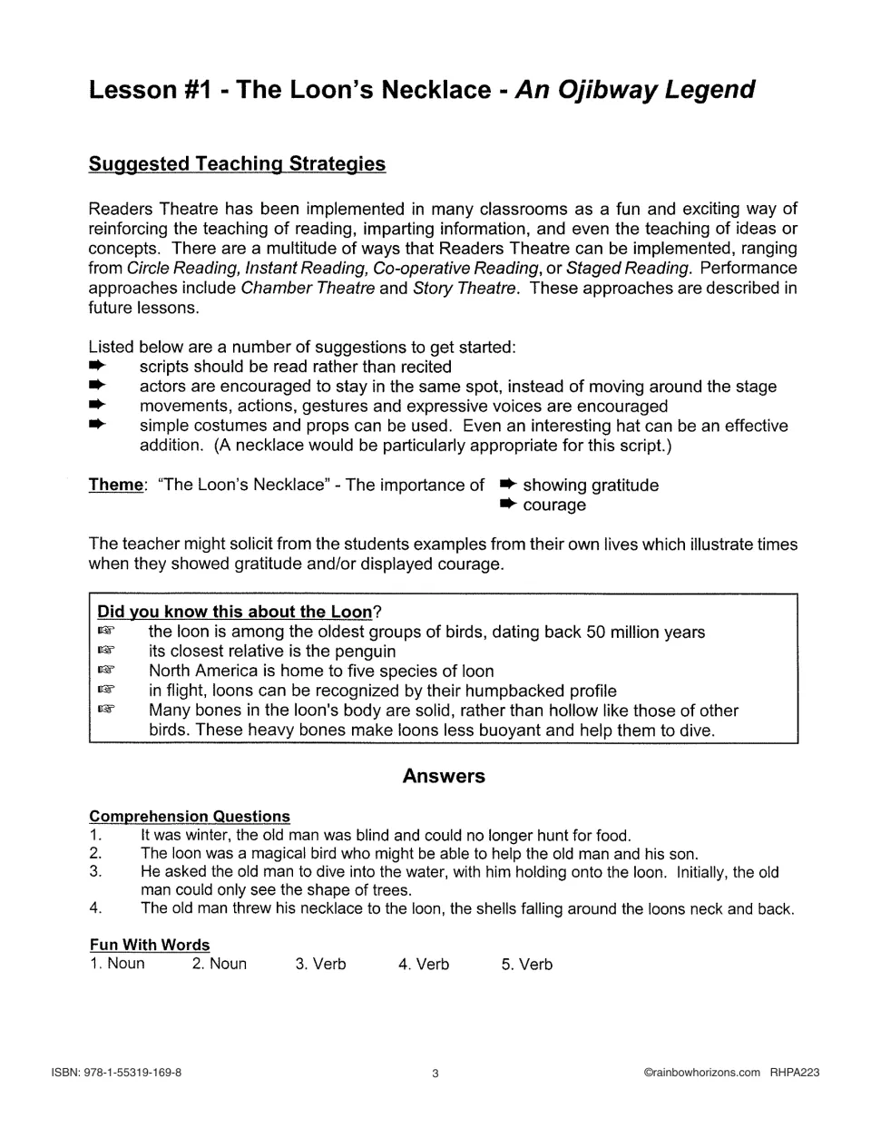Lesson 1 teacher notes for The Loon's Necklace: staging tips, gratitude and courage themes, loon facts, answers