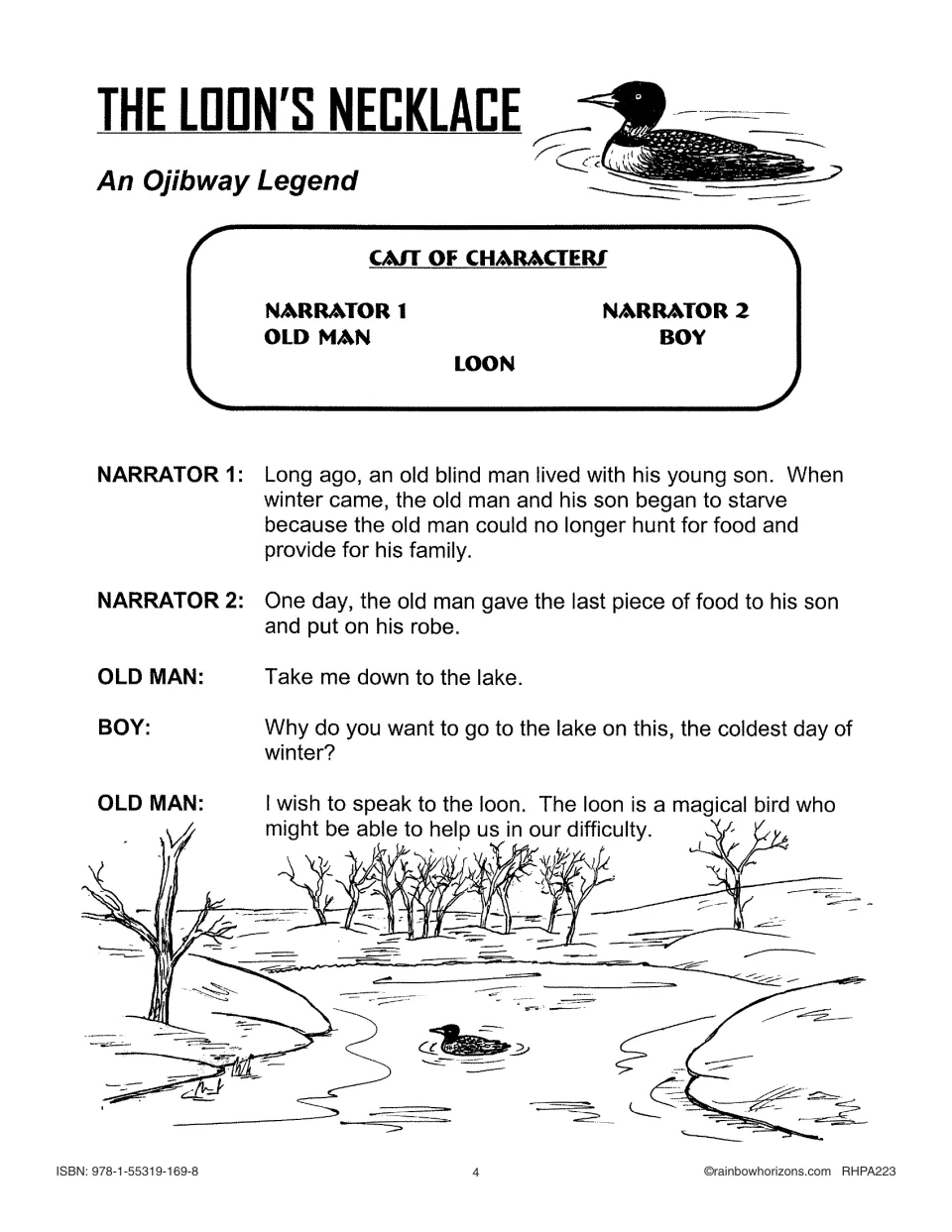 Script page 1 of The Loon's Necklace: cast list and opening lines as the blind old man asks to go to the lake