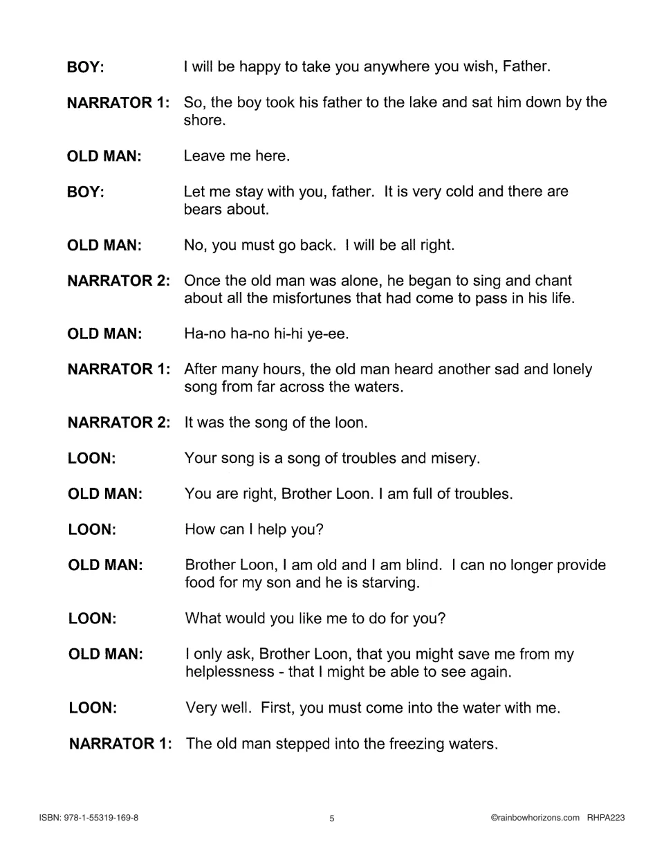 Script page 2 of The Loon's Necklace: the old man sings by the lake and asks Brother Loon to help him see again