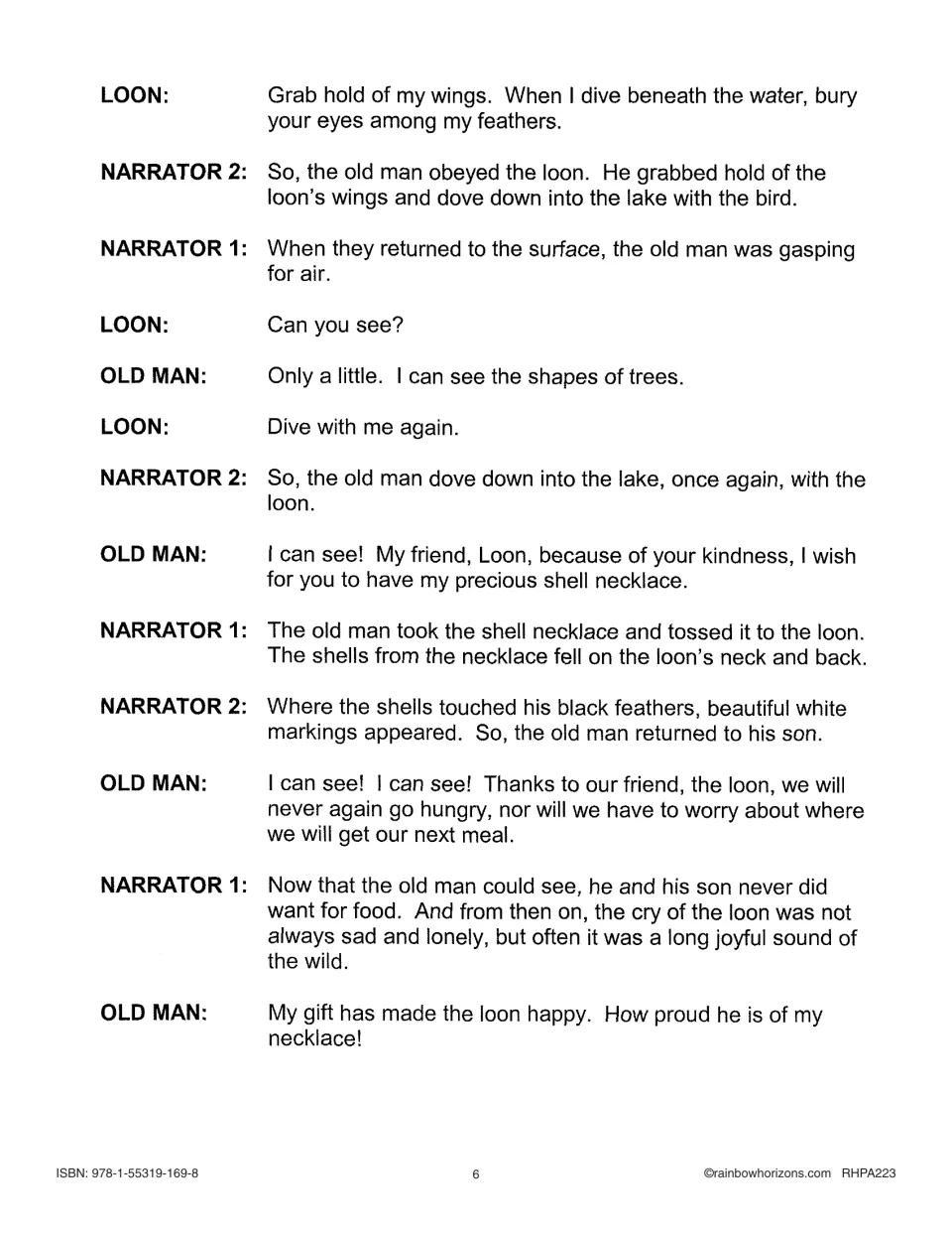 Script page 3 of The Loon's Necklace: the man dives with the loon, regains his sight and gives his shell necklace
