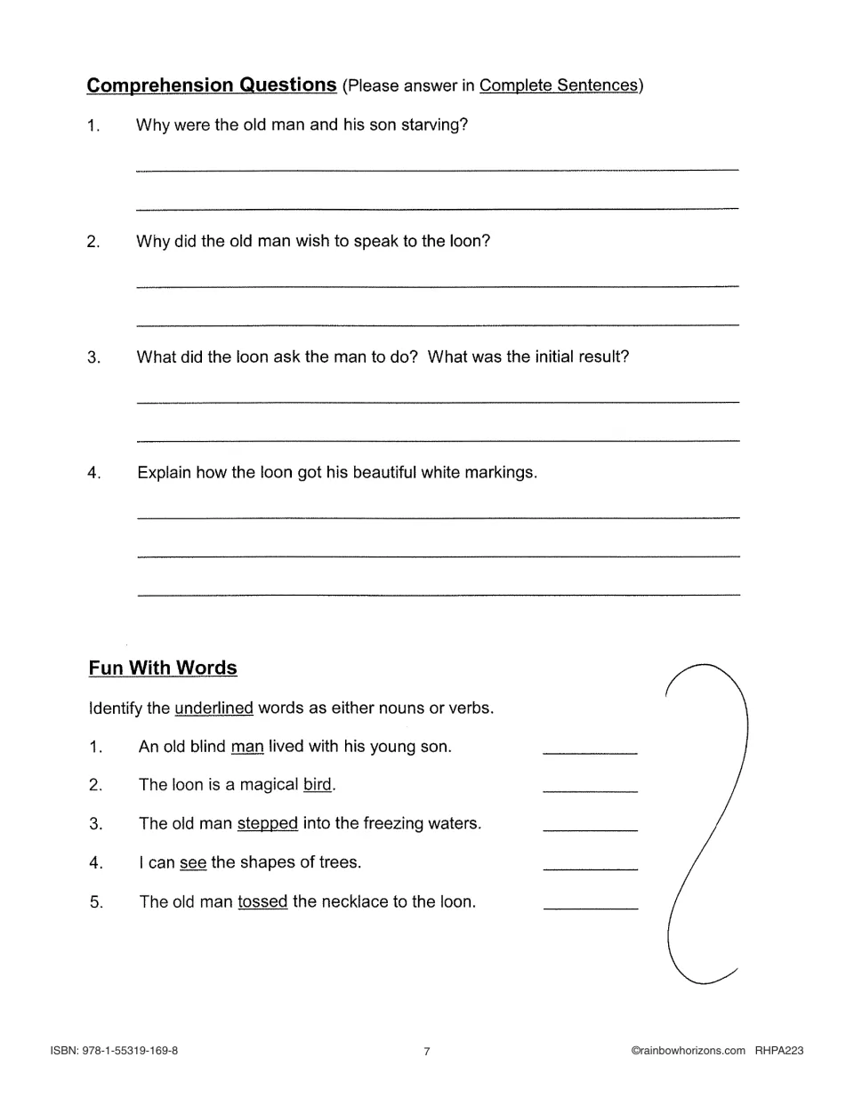 Lesson 1 student page: four comprehension questions and Fun With Words, labeling 5 underlined words noun or verb