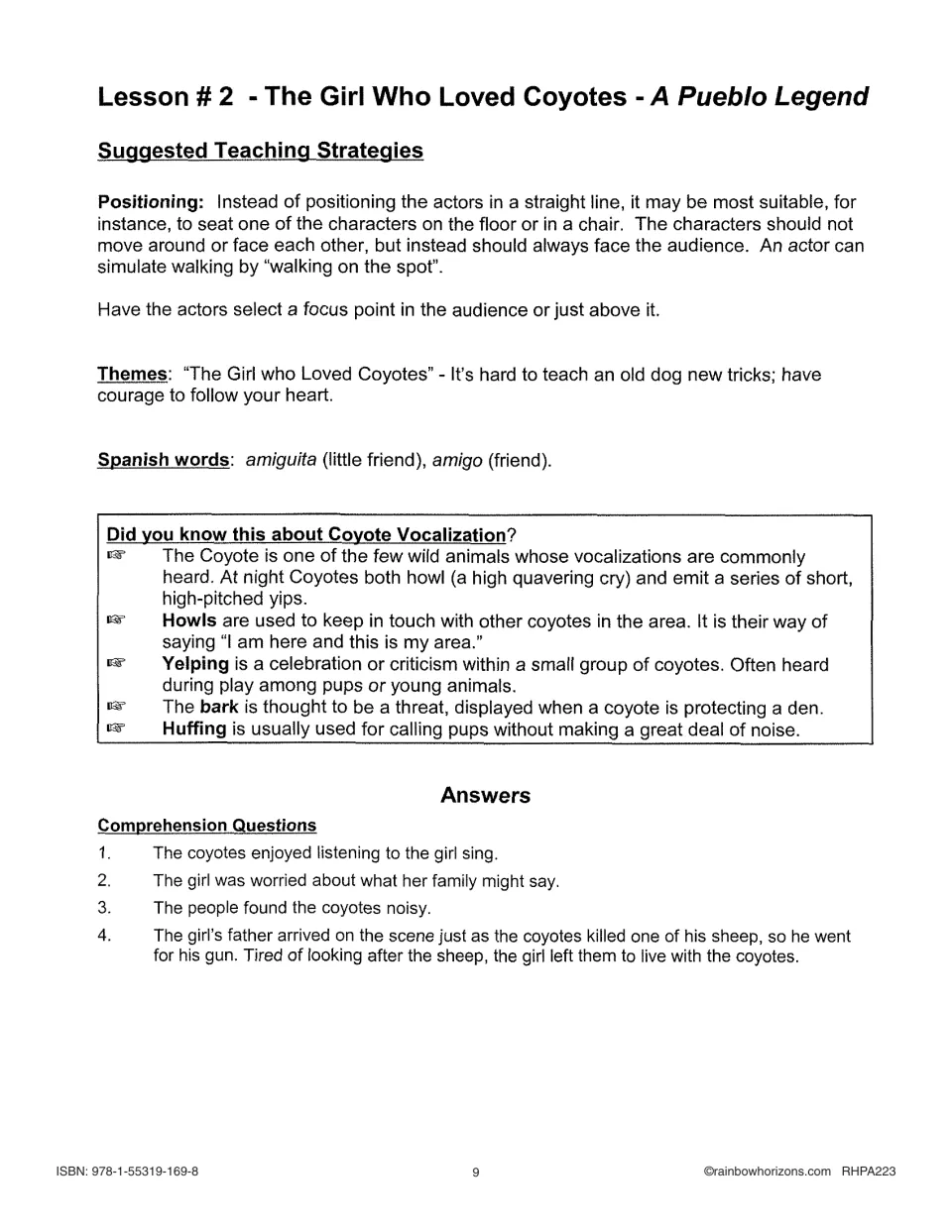 Lesson 2 teacher notes for The Girl Who Loved Coyotes: staging tips, themes, Spanish words, coyote facts, answers