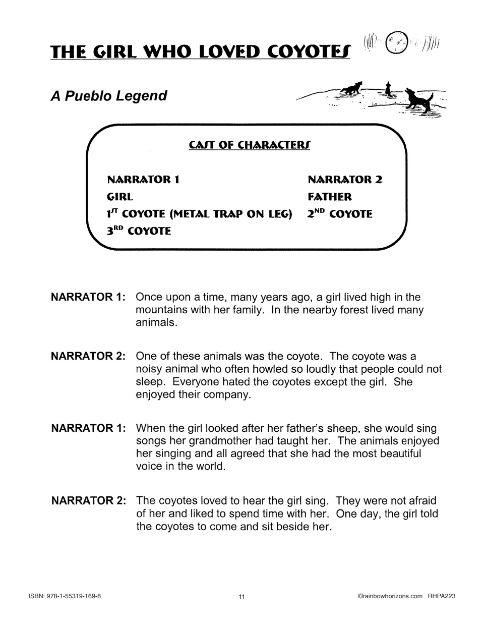 Script page 1 of The Girl Who Loved Coyotes: cast of seven and opening lines about a girl who sings to coyotes