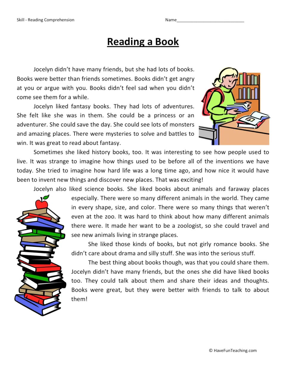 Reading passage about Jocelyn, a girl who loves fantasy, history and science books; students read it to answer questions